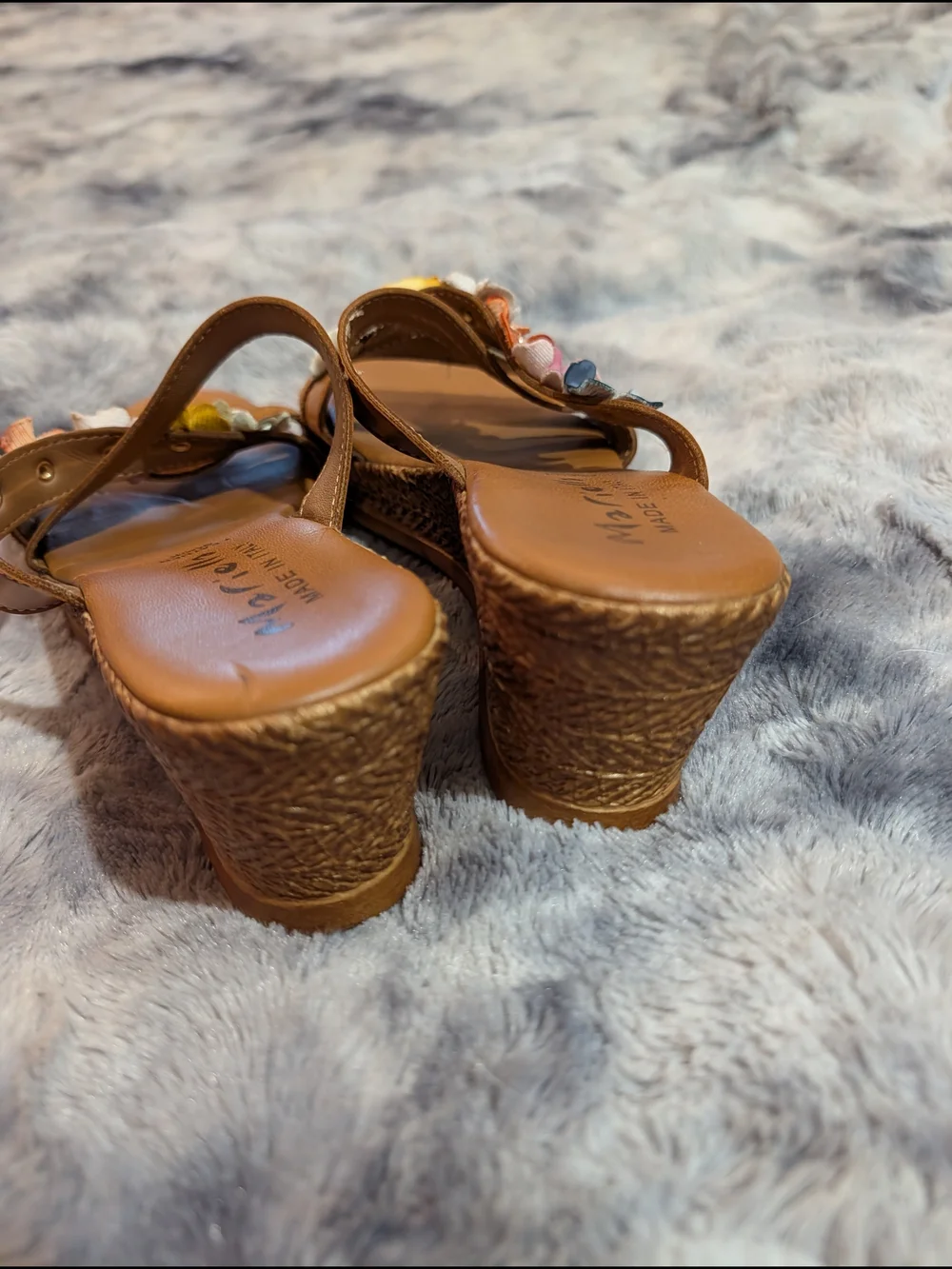 Mariella Brown Wedge Sandals with Colorful Floral Embellishments